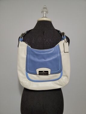 Coach Two-Tone Blue and Cream Leather Shoulder Bag - Kristin Hobo Bag